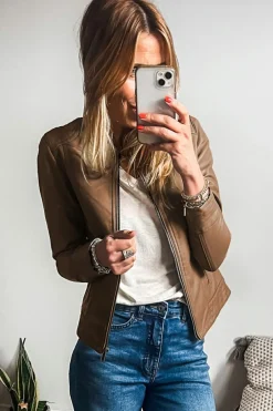 New Dear-Lover Solid Faux Leather Zipper Slim Fit Bomber Jacket Chestnut