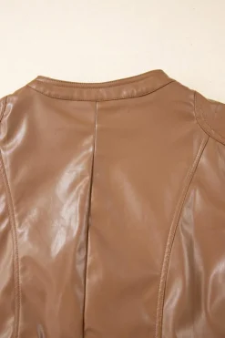 New Dear-Lover Solid Faux Leather Zipper Slim Fit Bomber Jacket Chestnut