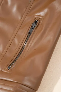New Dear-Lover Solid Faux Leather Zipper Slim Fit Bomber Jacket Chestnut
