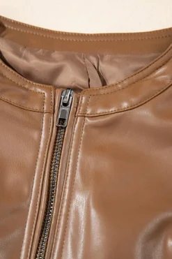 New Dear-Lover Solid Faux Leather Zipper Slim Fit Bomber Jacket Chestnut