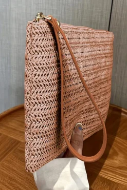 Outlet Dear-Lover Straw Woven Wrist Strap Zipper Large Wallet Chestnut