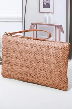 Outlet Dear-Lover Straw Woven Wrist Strap Zipper Large Wallet Chestnut