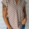 Best Dear-Lover Striped Stand V Neck Short Sleeve Blouse Chestnut
