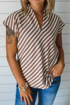 Best Dear-Lover Striped Stand V Neck Short Sleeve Blouse Chestnut