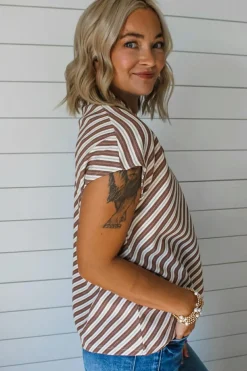 Best Dear-Lover Striped Stand V Neck Short Sleeve Blouse Chestnut
