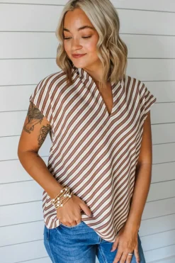 Best Dear-Lover Striped Stand V Neck Short Sleeve Blouse Chestnut