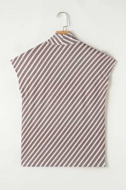 Best Dear-Lover Striped Stand V Neck Short Sleeve Blouse Chestnut