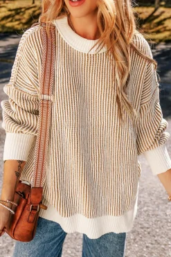 Best Dear-Lover Striped Textured Knit Contrast Edge Loose Sweater Chestnut