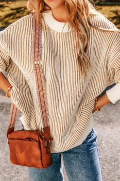 Best Dear-Lover Striped Textured Knit Contrast Edge Loose Sweater Chestnut