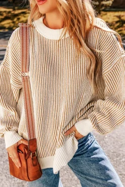 Best Dear-Lover Striped Textured Knit Contrast Edge Loose Sweater Chestnut