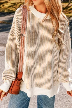 Best Dear-Lover Striped Textured Knit Contrast Edge Loose Sweater Chestnut