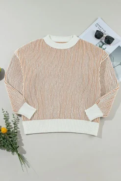 Best Dear-Lover Striped Textured Knit Contrast Edge Loose Sweater Chestnut