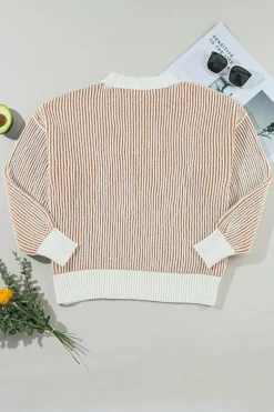 Best Dear-Lover Striped Textured Knit Contrast Edge Loose Sweater Chestnut
