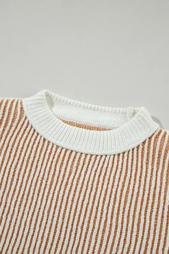 Best Dear-Lover Striped Textured Knit Contrast Edge Loose Sweater Chestnut