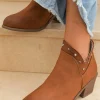 Sale Dear-Lover Studded Faux Leather Chunky Heel Ankle Boots Chestnut