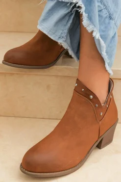 Sale Dear-Lover Studded Faux Leather Chunky Heel Ankle Boots Chestnut