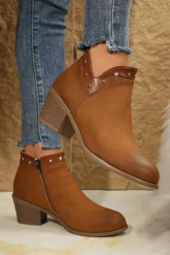 Sale Dear-Lover Studded Faux Leather Chunky Heel Ankle Boots Chestnut