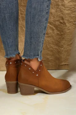 Sale Dear-Lover Studded Faux Leather Chunky Heel Ankle Boots Chestnut