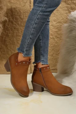 Sale Dear-Lover Studded Faux Leather Chunky Heel Ankle Boots Chestnut