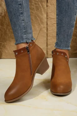 Sale Dear-Lover Studded Faux Leather Chunky Heel Ankle Boots Chestnut