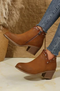 Sale Dear-Lover Studded Faux Leather Chunky Heel Ankle Boots Chestnut