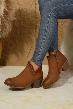 Sale Dear-Lover Studded Faux Leather Chunky Heel Ankle Boots Chestnut