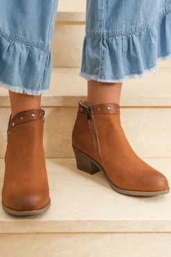 Sale Dear-Lover Studded Faux Leather Chunky Heel Ankle Boots Chestnut