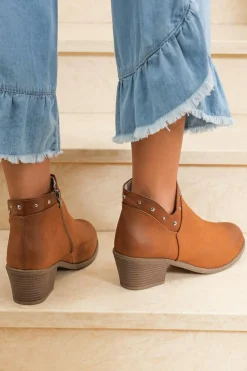 Sale Dear-Lover Studded Faux Leather Chunky Heel Ankle Boots Chestnut