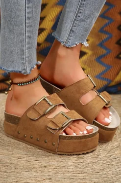 Online Dear-Lover Suede Buckle Decor Footbed Sandal Slippers Chestnut