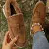 Outlet Dear-Lover Suede Furry Lined Slip on Flat Shoes Chestnut