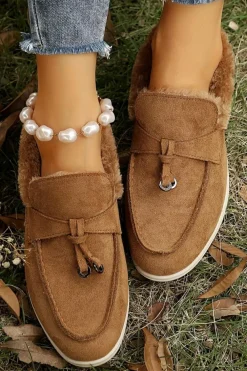 Outlet Dear-Lover Suede Furry Lined Slip on Flat Shoes Chestnut