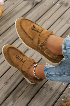 Outlet Dear-Lover Suede Furry Lined Slip on Flat Shoes Chestnut