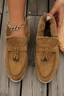Outlet Dear-Lover Suede Furry Lined Slip on Flat Shoes Chestnut