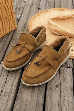 Outlet Dear-Lover Suede Furry Lined Slip on Flat Shoes Chestnut