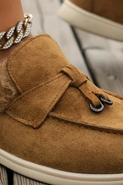 Outlet Dear-Lover Suede Furry Lined Slip on Flat Shoes Chestnut