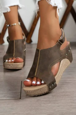 Online Dear-Lover Suede Patched Studded Cut Out Wedge Sandals Chestnut