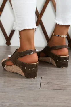 Online Dear-Lover Suede Patched Studded Cut Out Wedge Sandals Chestnut