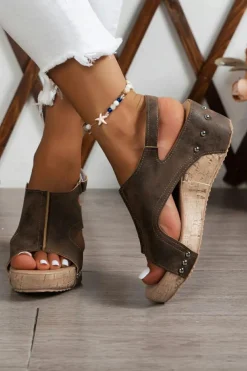 Online Dear-Lover Suede Patched Studded Cut Out Wedge Sandals Chestnut
