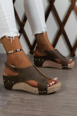 Online Dear-Lover Suede Patched Studded Cut Out Wedge Sandals Chestnut