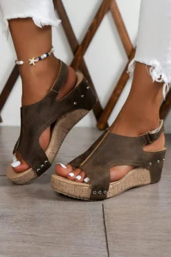 Online Dear-Lover Suede Patched Studded Cut Out Wedge Sandals Chestnut
