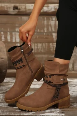 Outlet Dear-Lover Suede Woven Lace-up Strap Side Zip Boots Chestnut
