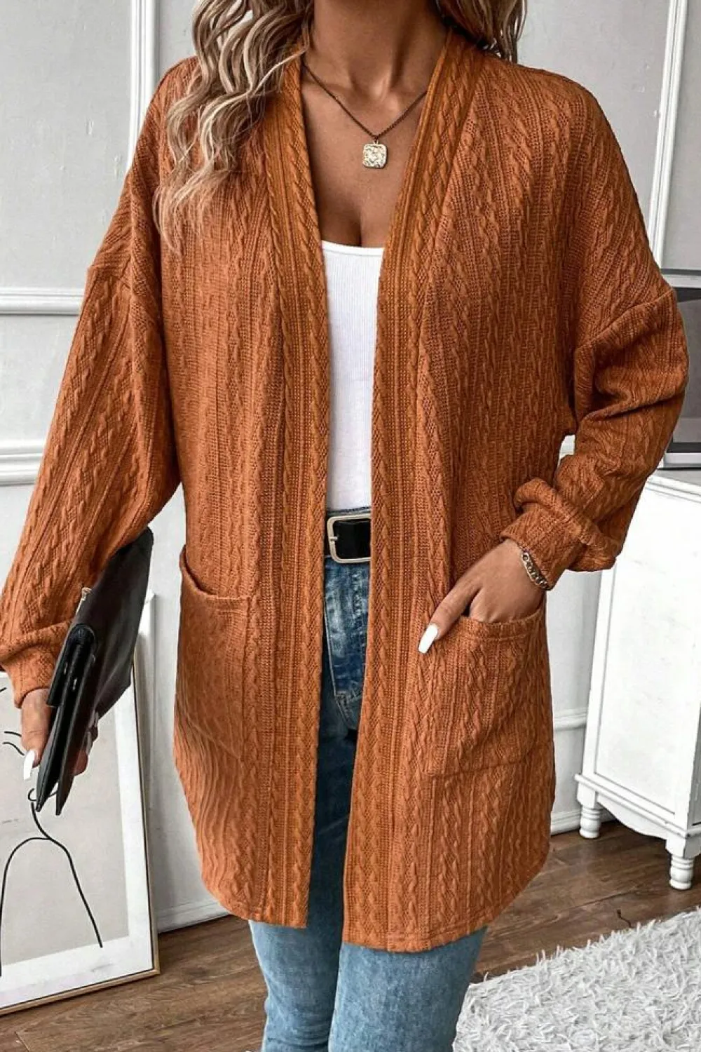 Outlet Dear-Lover Textured Knit Side Pockets Open Front Cardigan Chestnut