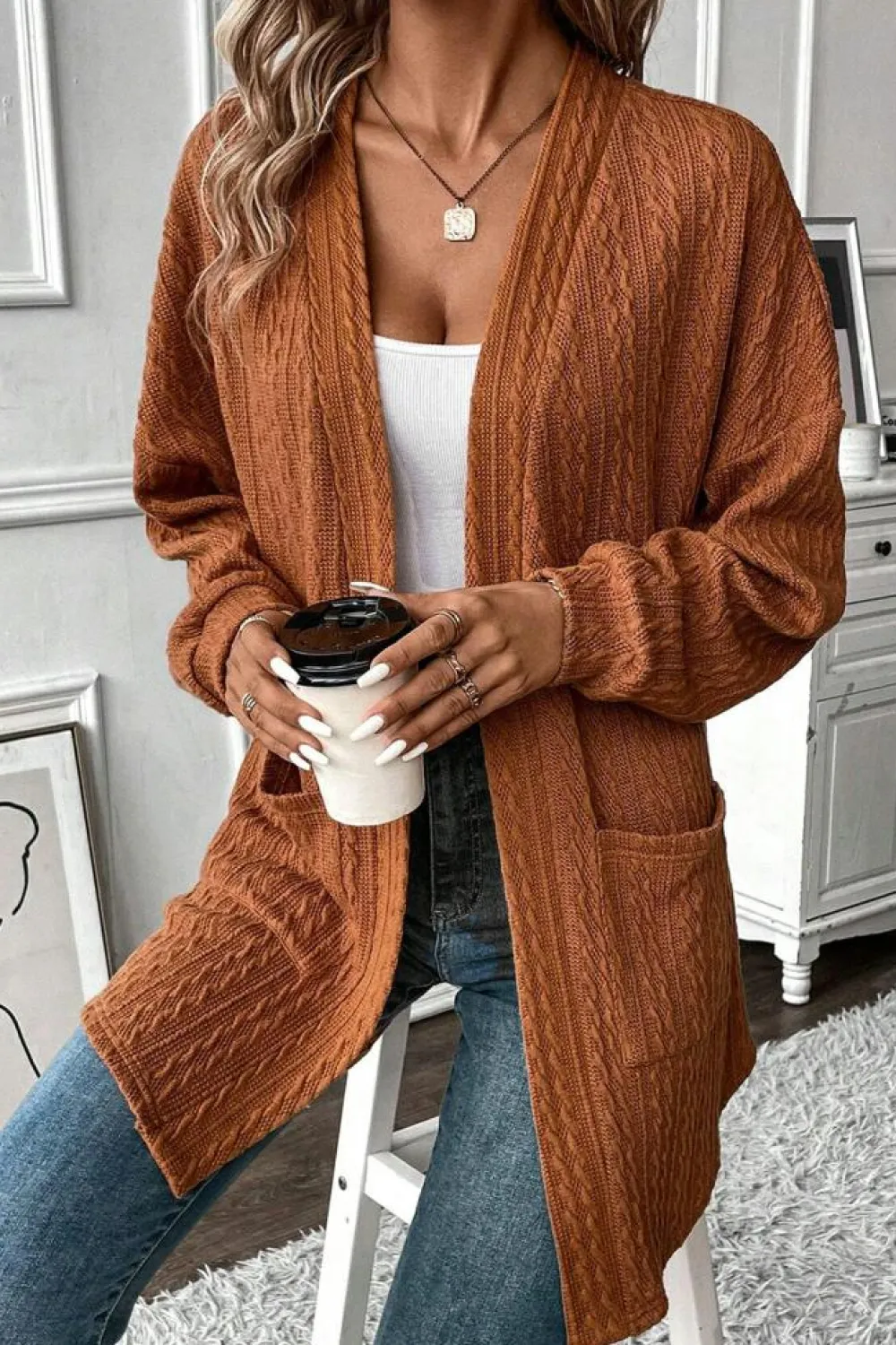 Outlet Dear-Lover Textured Knit Side Pockets Open Front Cardigan Chestnut