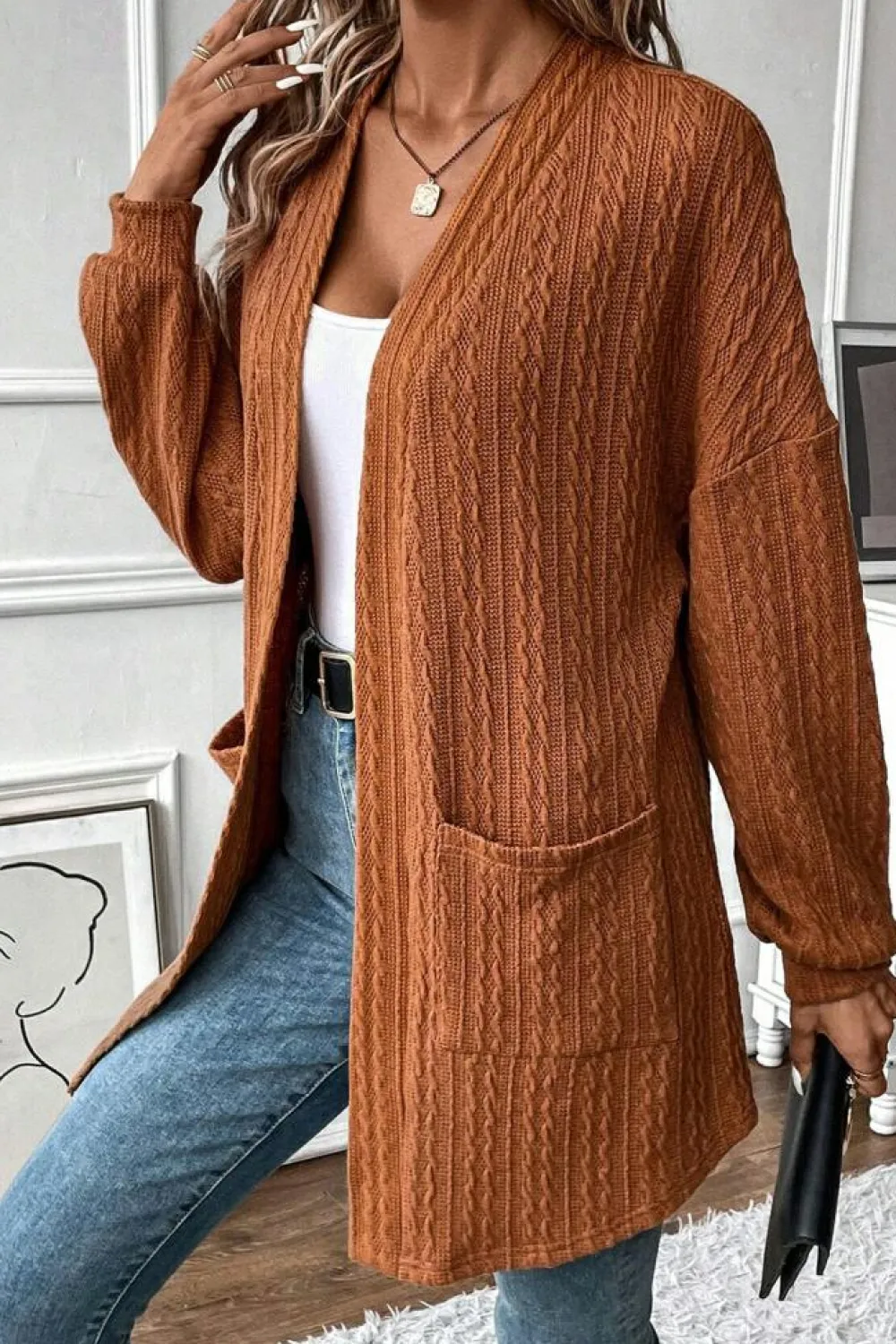 Outlet Dear-Lover Textured Knit Side Pockets Open Front Cardigan Chestnut
