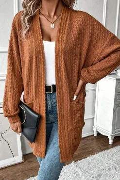 Outlet Dear-Lover Textured Knit Side Pockets Open Front Cardigan Chestnut