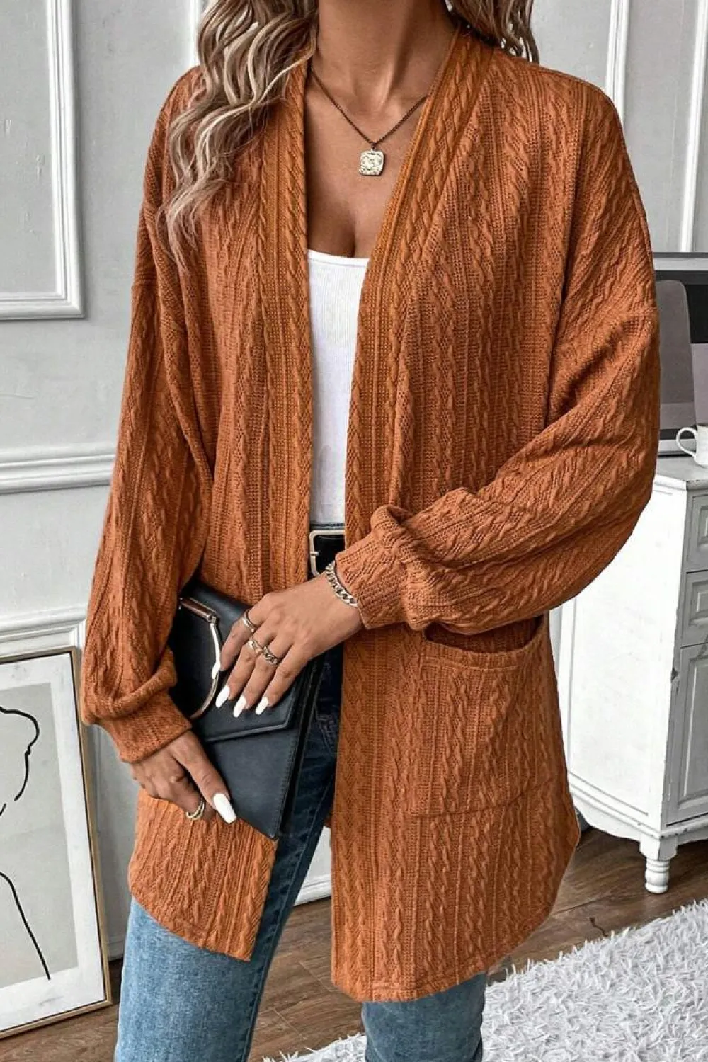 Outlet Dear-Lover Textured Knit Side Pockets Open Front Cardigan Chestnut