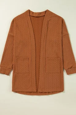 Outlet Dear-Lover Textured Knit Side Pockets Open Front Cardigan Chestnut