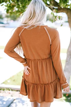 New Dear-Lover Textured Tiered Ruffled Long Sleeve Mini Dress Chestnut