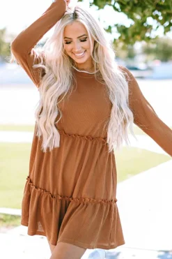 New Dear-Lover Textured Tiered Ruffled Long Sleeve Mini Dress Chestnut