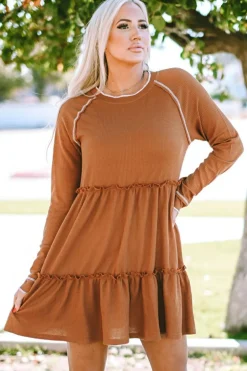 New Dear-Lover Textured Tiered Ruffled Long Sleeve Mini Dress Chestnut
